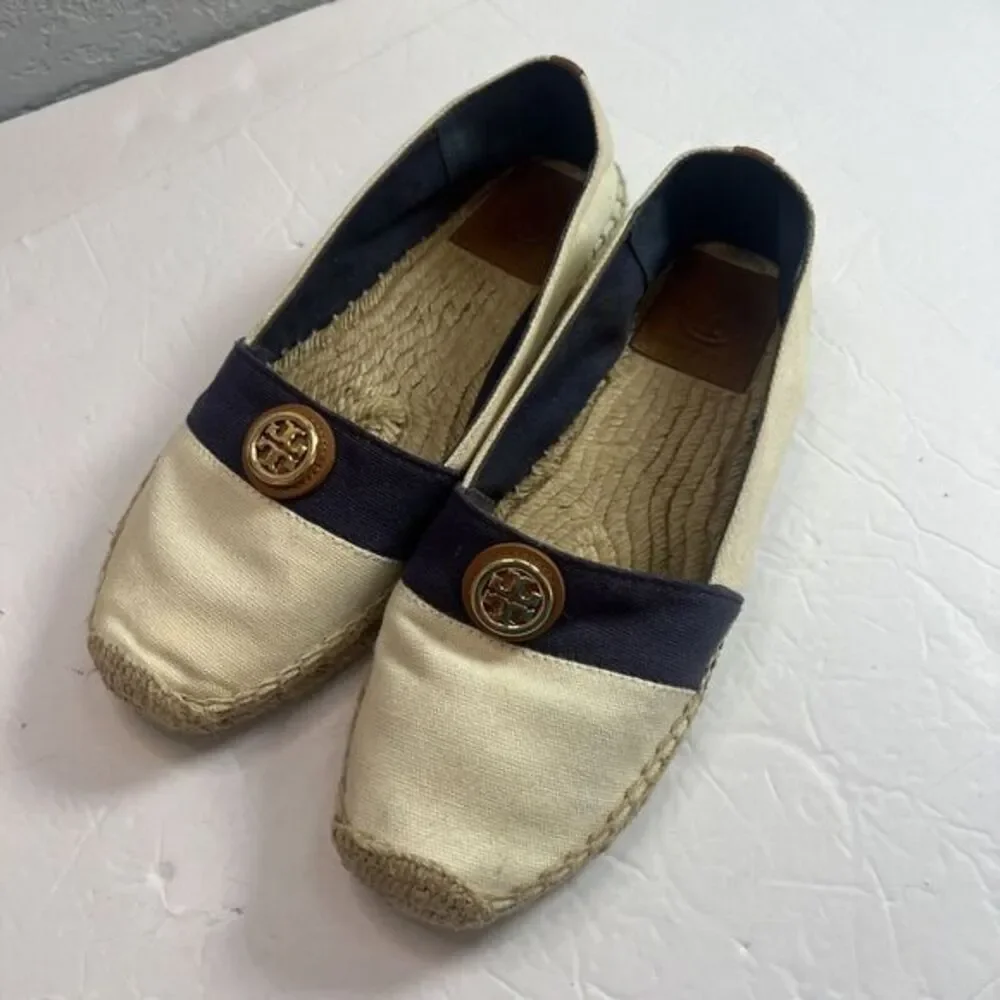 Tory‎ Burch Beacher Canvas Espadrille Flat, Ivory/Newport Navy Size 9